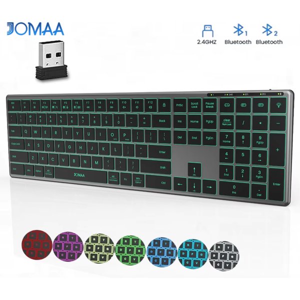 Bluetooth-Tastatur mit Hintergrundbeleuchtung, Multi-Device, kabellose Tastatur in voller Größe mit Nummernblock, wiederaufladbare, schlanke Multimedia-Tastatur