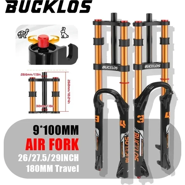 BUCKLOS Fahrrad-Doppelkronen-Luftgabel 26 Zoll 27,5 Zoll 29 Zoll 9*100mm Schnellspanner MTB Fahrrad-Luftfederungsgabel 180mm Federweg Mountainbike-Gabel