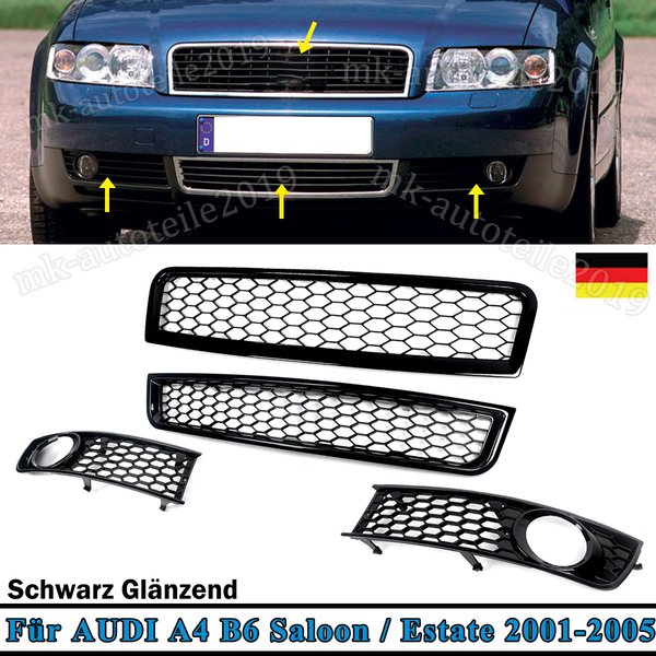 4er-Set Auto-Frontstoßstangen-Renngrills & Nebelscheinwerferblenden für Audi A4 B6 2002 2003 2004 2005 Nebelscheinwerfer-Rahmengitter Ersatz für 8E0807681, 8E0807682, 8E0807647