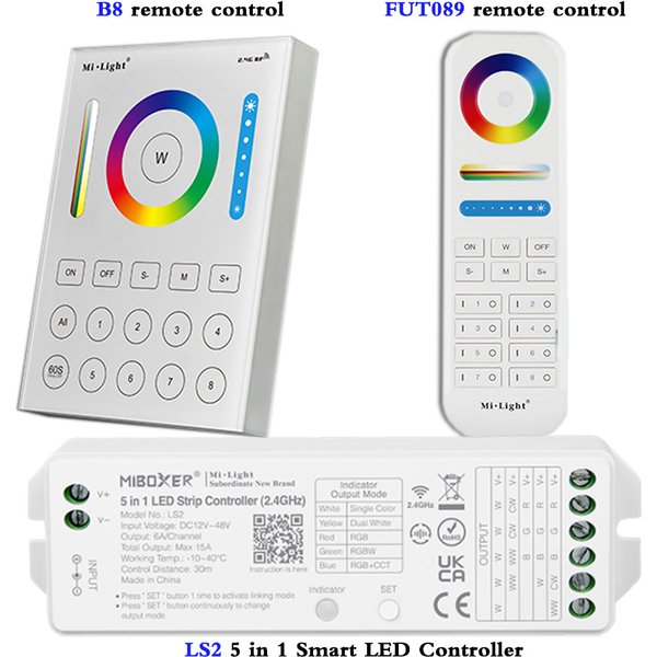 Écran tactile mural sans fil 2.4GHz, 8 zones FUT089, télécommande/B8, contrôleur intelligent LS2 5 en 1 pour bande Led 12 ~ 24V RGBW RGB + CCT