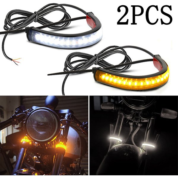 2Pcs 12V LED Ring Fork Strip Lamp Flashing Blinker Motorcycle Turn Signal Light & DRL Amber White Moto Flasher Auto Accessories