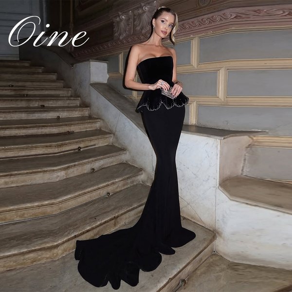 Oine – robe de soirée longue de forme sirène, noire, personnalisée, pour Occasions spéciales, sans bretelles, longueur au sol, avec traîne de balayage, robe de soirée de Gala