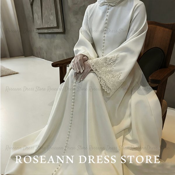Robe de mariée Roseann, Abaya de mariée modeste musulmane en satin, avec manches évasées, dentelle et perles, ceinture personnalisée, vestido de novia