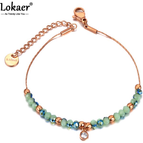 Lokaer Sparkling Green CZ Crystal Charm Bracelets Bangles For Women Stainless Steel Link Chain Bohemia Beach Bracelet B20189