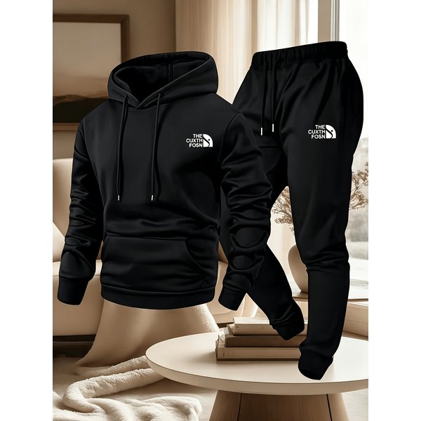 2026 Herren 2-Teiliger Sport-Trainingsanzug Einfacher Hoodie mit Bergmotiv-Druck + Jogginghose Lässiger Lockerer Herbst-Winter-Outdoor-Anzug