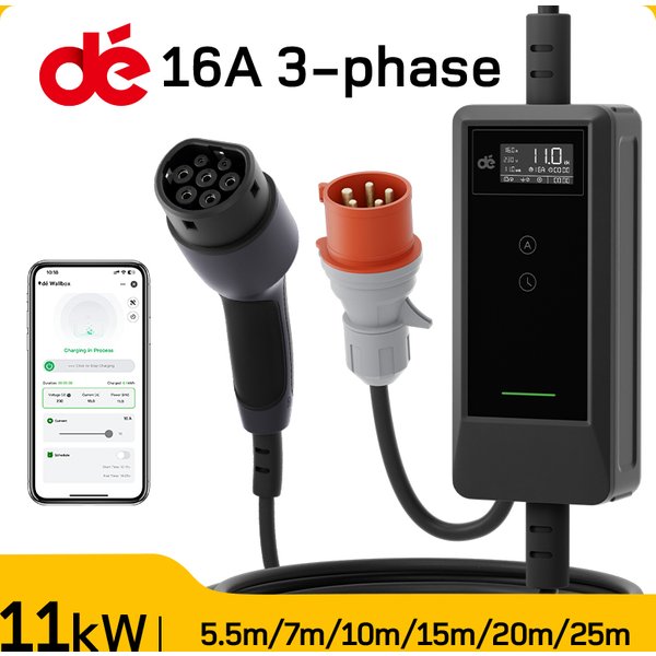 dé Mobile Wallbox 11kW Typ 2 APP 16A 3-Phasen 5,5m 7m 10m 15m 20m 25m Ladekabel Elektrofahrzeug-Ladegerät CEE-Stecker auf Typ 2 mit Einstellbarem Strom EV-Ladegerät RCD Typ A 30mA (AC) + 6mA (DC)