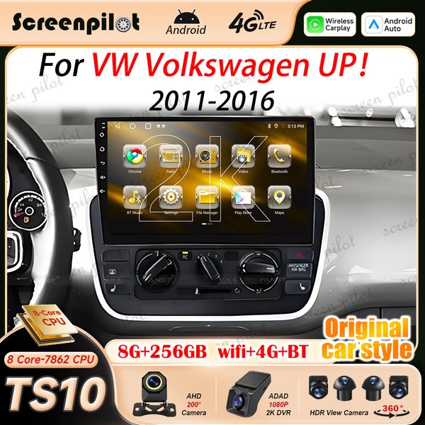 Autoradio Android 16 pour VW Volkswagen UP! 2011 2012 2013-2016, unité principale stéréo, lecteur multimédia, GPS, Carplay, Android Auto