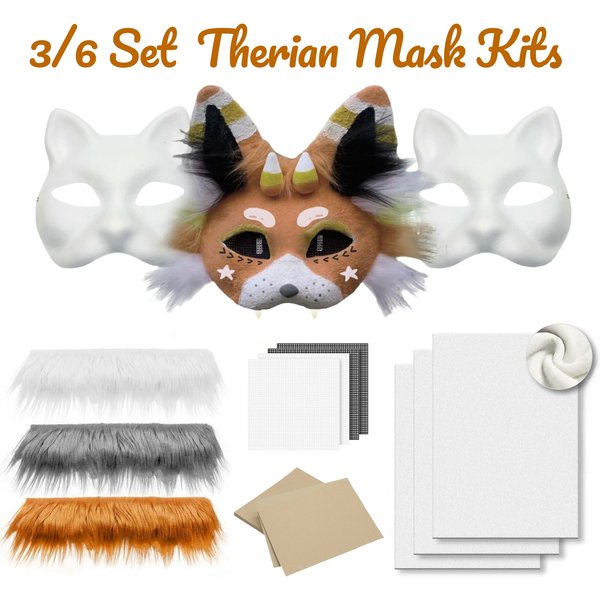 3/6Set DIY Therian Maske Kit halbes Gesicht handbemalte Katzenmaske DIY Masken leere weiße Katzenmaske für Karneval Maskerade Cosplay Party