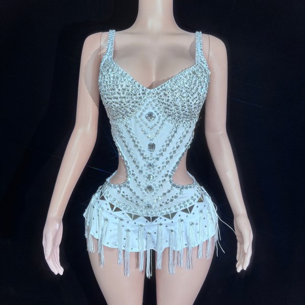 Sparkly Rhinestones Mirrors Tassels Bodysuit for Women Sexy Performance Dance Costume Singer Dancer Show Stage Wear