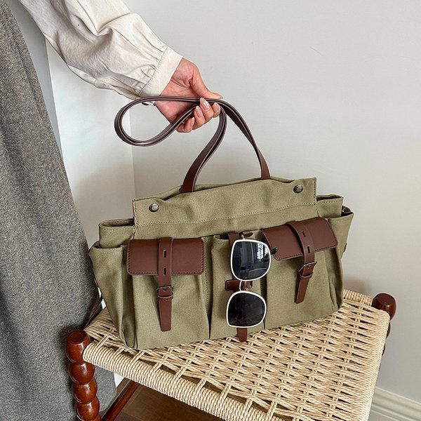 Army Green Canvas Shoulder Bag For Women Japanese Style Teenager School Bag Large Capacity Portable Travel Tote Simple Handbag