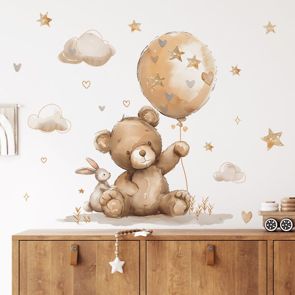 Autocollant mural ballon ours mignon pour enfants, décoration de chambre de bébé, papier peint de pépinière, dessin animé Kawaii, animal, étoile, enfants, filles, garçons