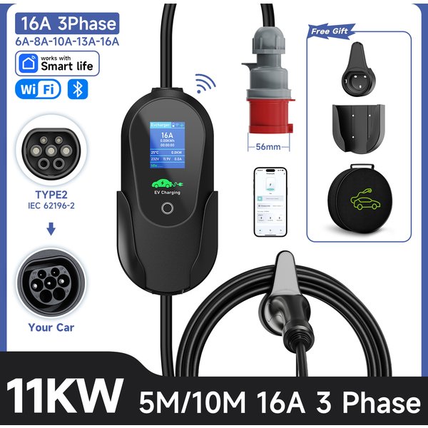 JNTAFEV 11 kW 16 A 3-Phasen tragbare EV-Ladestation IEC 62196-2 Typ 2 Wallbox EVSE Schnellladestation CEE-Stecker Wi-Fi Bluetooth Fernbedienung