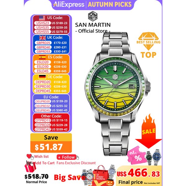 San Martin Official Luxurious Gemstone Bezel Splicing MOP Dial Miyota 9015 39mm Men Automatic Mechanical Watch Waterproof SN0150