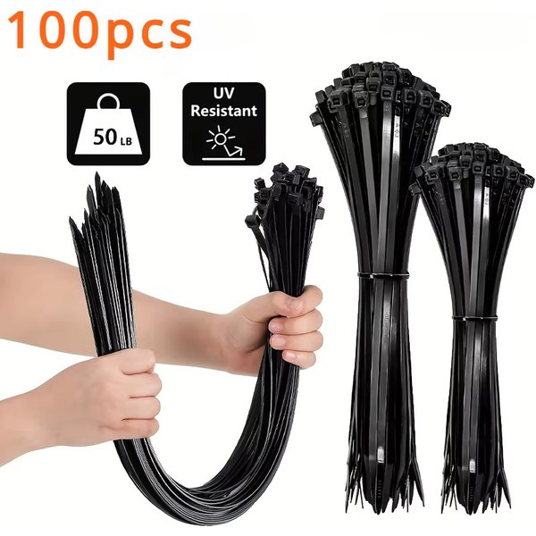 Attaches de câble noires, 100 pièces, haute résistance à la traction, résistantes aux Uv, autobloquantes pour la gestion des câbles de la maison et du bureau