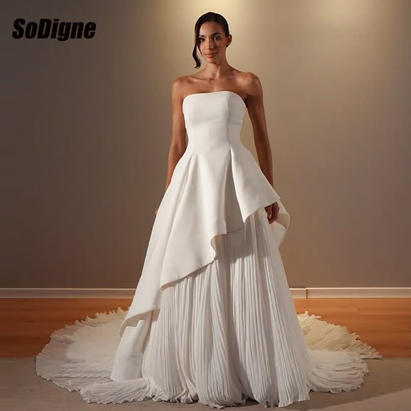 Robes de mariée SoDigne en satin coupe trapèze 2026, sans bretelles, sans manches, longues, personnalisées, Vestidos De Novia
