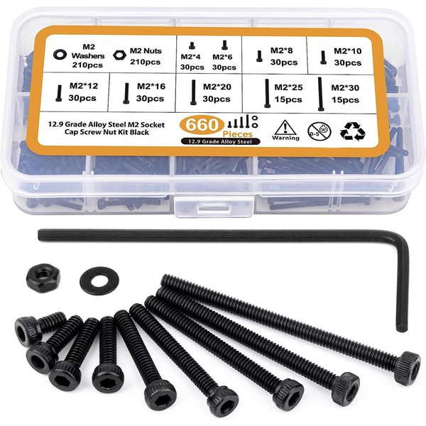 660Pcs M2 Screws Set M2 x 4/6/8/10/12/16/20/25/30mm Hex Socket Head Bolts Nuts Washers Assortment Kit 12.9 Grade Alloy Steel