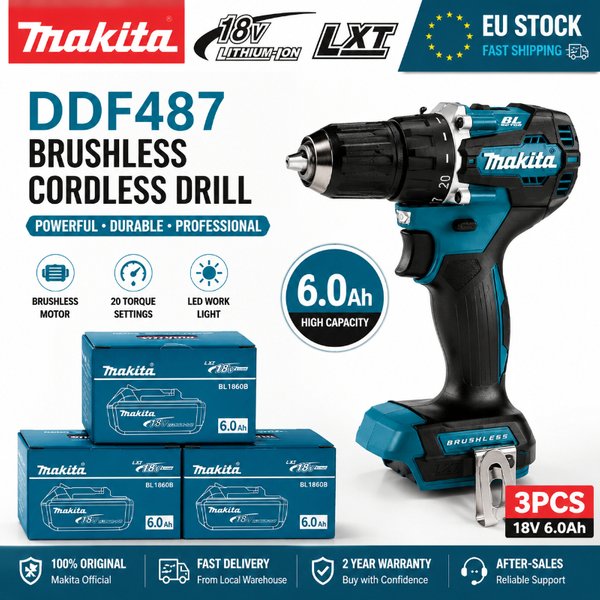 Original Makita 18V Akku-Bohrschrauber DDF487 Bürstenloser Hochleistungs-Bohrschrauber + 6,0Ah BL1860B BL1840 Lithium-Akku Professionelles Elektrowerkzeug-Set EU-Lagerbestand