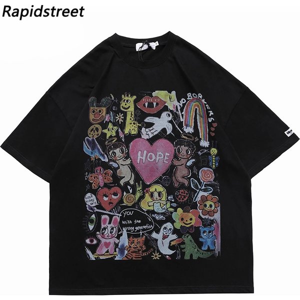 Männer Oversize T Shirt Hip Hop Streetwear Malerei Brief Herz Regenbogen Engel Grafik T-shirt Harajuku Baumwolle T-Shirt Unisex