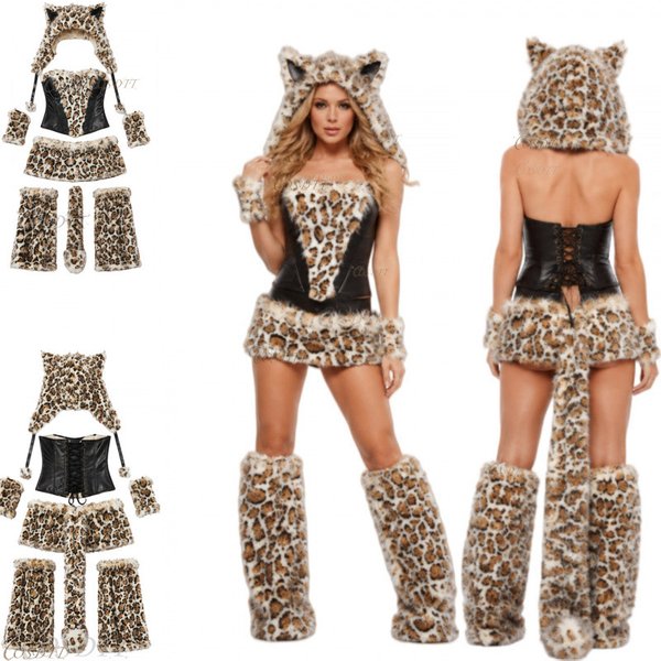 Halloween-Mädchen, verführerisches Leopardenmuster-Kostüm – kurzes Karnevalskostüm, Damen-Kostüm für Erwachsene, Tierkostüm mit Kapuze und Schwanz.