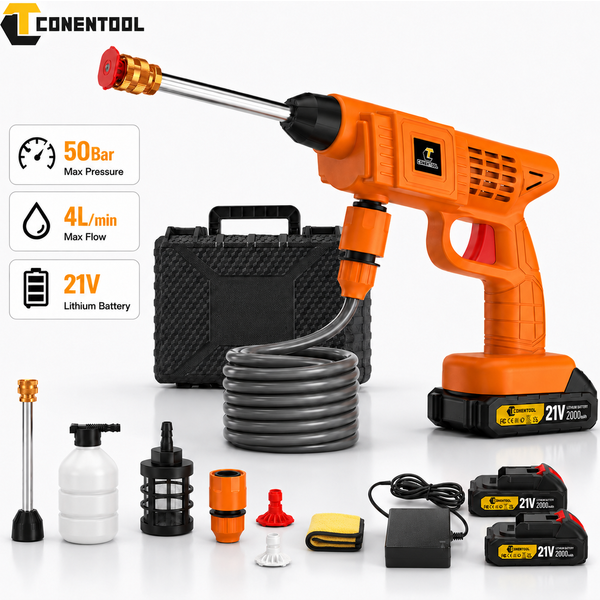 CONENTOOL 21V Cordless Pressure Washer 50Bar Portable Car Washer Gun Rechargeable High Pressure Cleaner with Foam Pot for Garden
