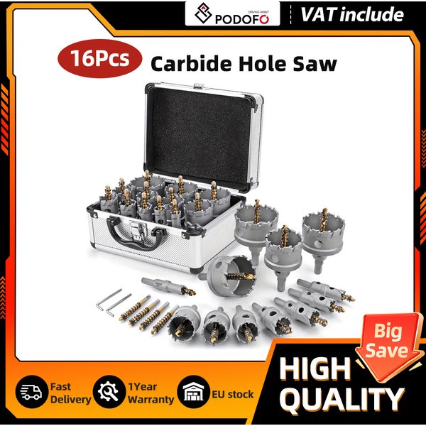 Kit de 16 forets à découper en carbure Podofo, robustes pour le métal, de 5/8'' à 2-1/4'', avec perceur pilote et boîte