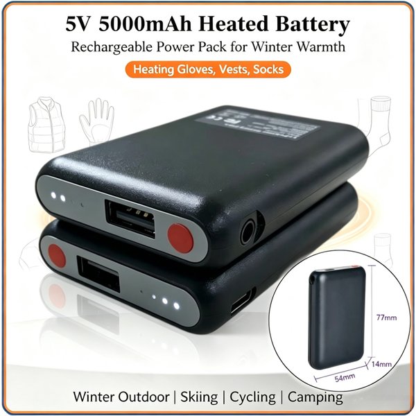 Rękawice z funkcją podgrzewania, bateria 5V do ładowania, pojemność 5000 mAh, do podgrzewanych kamizelek, skarpet, idealne na zimowe aktywności na świeżym powietrzu, do jazdy na nartach i rowerze.