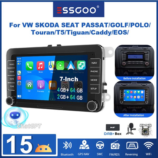 ESSGOO Android 15 7-Zoll VW Autoradio mit Wireless Carplay und Android Auto, 4GB RAM 64GB ROM Plug-and-Play Autoradio GPS WLAN Bluetooth, voll kompatibel mit VW-Modellen wie Golf 5/6/7, Polo, Passat