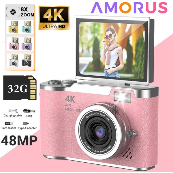 Aparat cyfrowy 4K z filtrami upiększającymi, 48MP HD, aparat CCD dla studentów, CMOS, stabilizacja obrazu, 180 stopni ° Kamera do selfie z odwracanym ekranem dla dzieci i dorosłych - idealny prezent