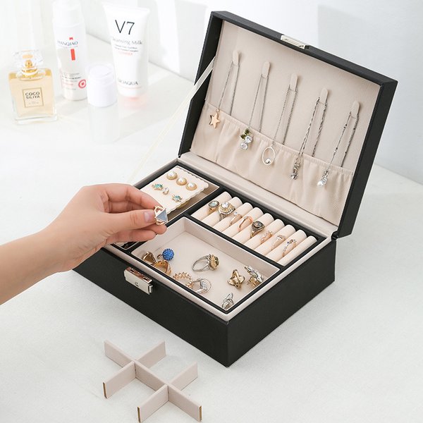Boîte à bijoux en bois Double couche, boîte à bagues, boîtes à bijoux et emballage avec organisateur de rangement de bijoux en cuir PU et étui de maquillage