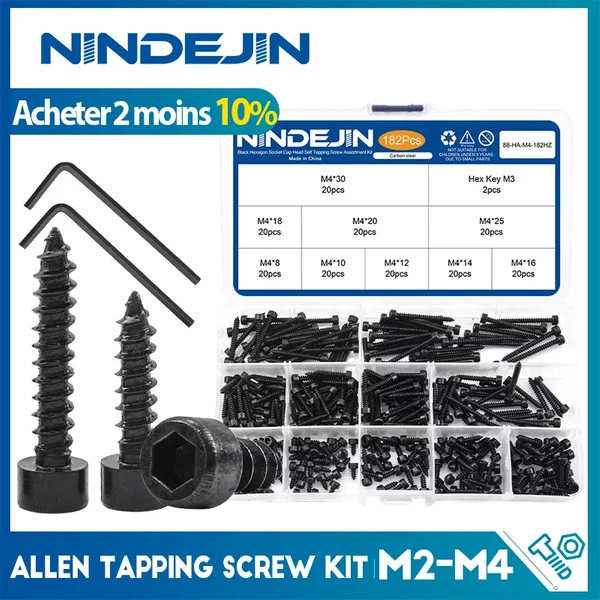 NINDEJIN Selbstschneidendes Schraubenset mit Innensechskant, M2, M2,6, M3, M3,5, M4, Kohlenstoffstahl, Innensechskant-Blechschrauben-Sortiment