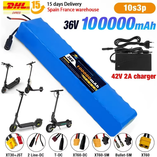 10S3P 36V 100Ah 18650 Wiederaufladbare Lithium-Batterie 1000W Leistung für Fahrrad, Roller, Elektrofahrzeug mit BMS + 42V Ladegerät