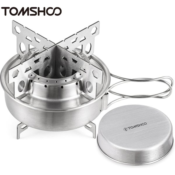 Tomshoo Tragbarer Outdoor-Alkoholkocher aus Edelstahl mit faltbaren Griffen für Camping, Wandern, Rucksackreisen, Picknick, Überleben