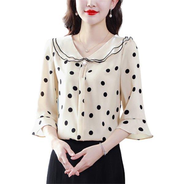 Women Spring Summer Blouses Shirts Lady Fashion Casual Half Sleeve Ruffles Collar Polka Dots Blusas Tops CT0216