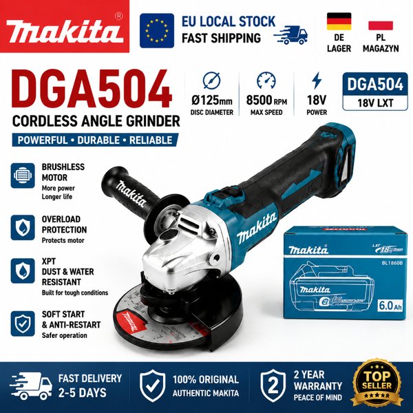 Meuleuse d'angle sans fil Makita DGA504 18V sans balais 125mm LXT (outil nu) – Outil électrique – Expédition rapide depuis l'entrepôt local UE – Compatible avec les batteries Makita BL1830 BL1840