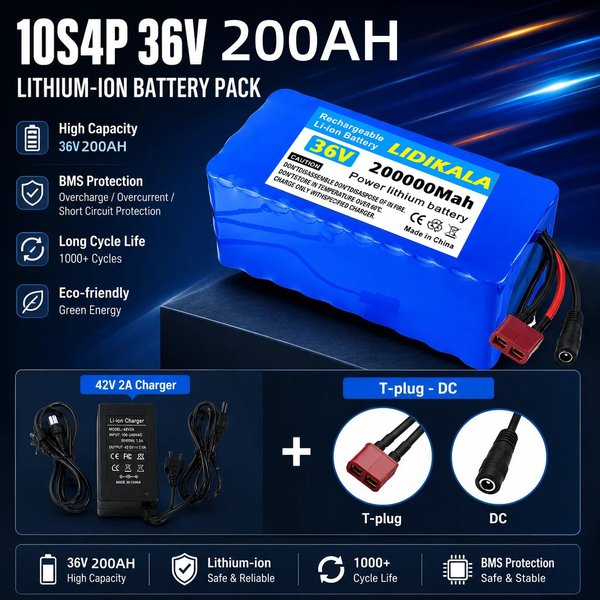 36V 200Ah 200000mAh 10S4P Lithium-Batteriepack mit eingebautem BMS und Ladegerät für E-Bike, Roller, Wohnmobil, Boot, Solaranlage, EU-Steuerbefreiung