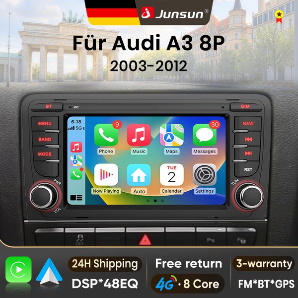 Junsun 7" Android 15 Car Radio For Audi A3 8P S3 2003-2012 Wireless For Apple CarPlay Auto IPS Touch Screen Stereo Multimedia Video Player Automotive Smart Intelligent Systems 2 Din Autoradio Head
