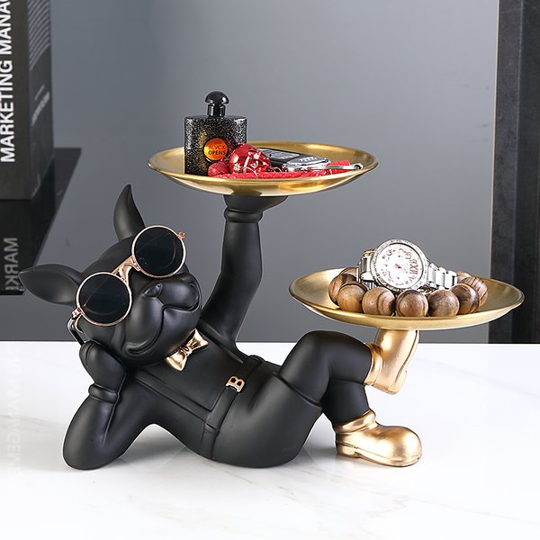 Statue de majordome allongé en métal doré, bouledogue français noir, intensifications et sculptures de chien double, décoration de chambre, ornement de majordome à la maison