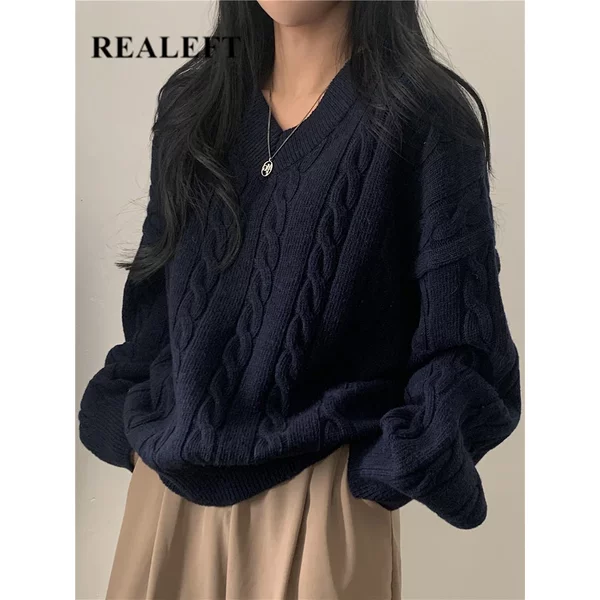 REALEFT Herbst Winter Oversize V-ausschnitt frauen Pullover 2025, Neue Feste Beiläufige Lose Langarm Pullover Gestrickte Pullover Weibliche