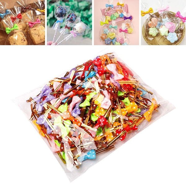 100Pcs Bow Tie Wrapping Golded Wire Bowknot Binding Wire Lollipop Candy Gift Packaging Bags Fastener Sealing Fixed Ties