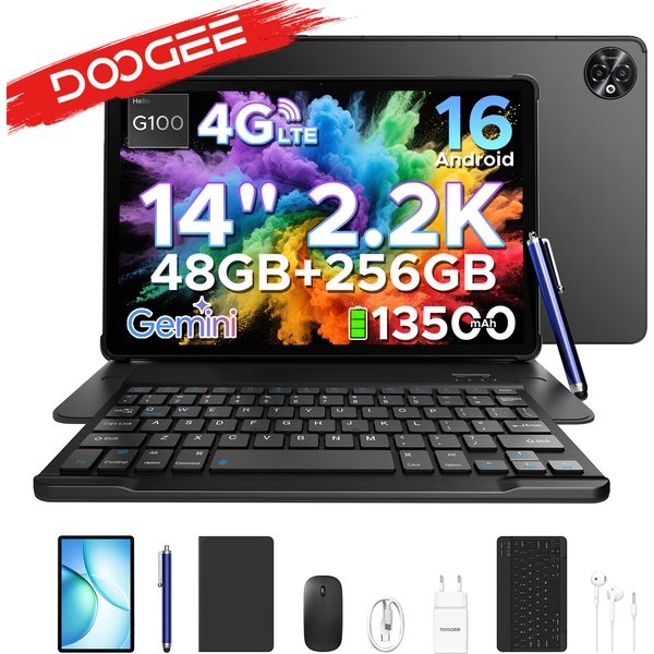 Doogee 2 w 1 Tablet PC Tab E3 Max Gmini Ai 14" ekran 2.2K bateria 13500mAh Android 16 48Gb(8+40) 256Gb Helio G100 Tablet Ai