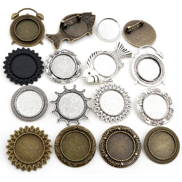 5 pièces 20mm taille intérieure Antique argent plaqué et Bronze Antique couleurs plaqué broche Multi Styles Cabochon Base réglage