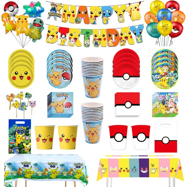 Décoration de fête d'anniversaire Pokemon Pikachu, vaisselle jetable, tasse, serviette, assiette, nappe, décoration de gâteau pour réception-cadeau pour bébé, ballons drapeau