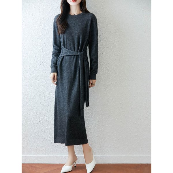 Femmes laine robe pull 100% laine mérinos tricoté auto-ceinture jupe longue automne hiver col rond pull cachemire jupe droite