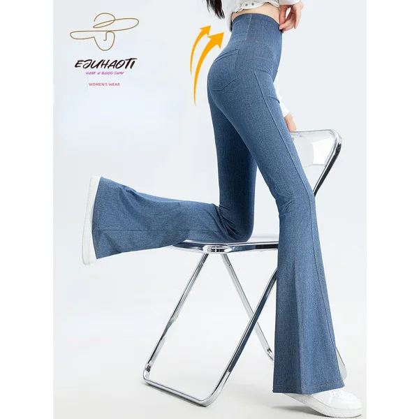Denim pantalon femme Micro évasé taille haute ventre Leggings nouveau en été Stretch sport Fitness Yoga pantalons décontractés jean