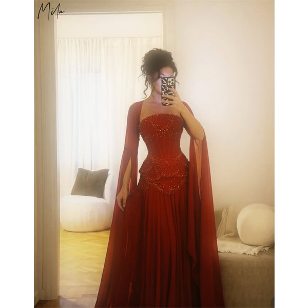 Robe de bal Mila personnalisée bordeaux perlée avec châle, bustier, coupe trapèze, plissée, longue, pour soirée formelle, Vestidos De Fiesta