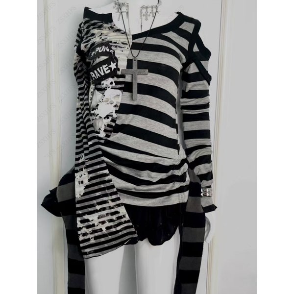 Pullover Gothic T-Shirts Damenkleidung Hip-Hop Punk Streetwear Oberteile Sweatshirts Kpop Streifen Grunge Kpop Langarm-Oberteil Emo