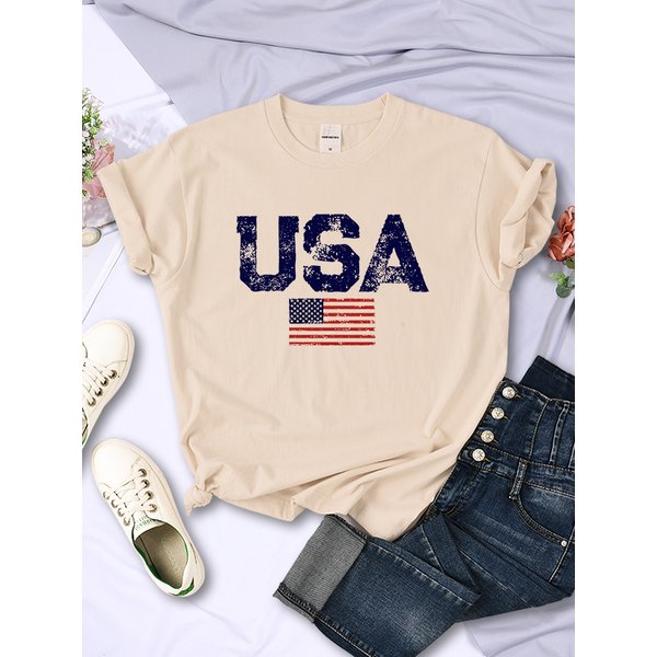 USA Letters American Flag Stars and Stripes Printed Women T-Shirts Street Hip Hop Tee Clothing Summer Breathable Tshirt Female