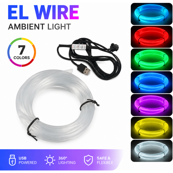 1/2/3/4/5M Samochodowa Taśma LED Ambientowa USB EL Wire RGB Neon Wielotrybowa Elastyczna Taśma Świetlna Kabel Świetlny Dekoracja Wnętrza Samochodu