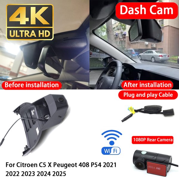 Für Citroen C5 X Peugeot 408 P54 2021 2022 2023 2024 2025 4K Dashcam Vorne Hinten Auto-Kamera DVR WLAN Plug & Play Videorekorder