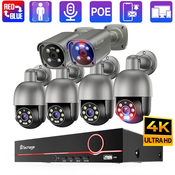 Techage 8CH 4K UHD 8MP PTZ POE Kamerasystem Outdoor AI Human Detect Zwei-Wege-Gespräch CCTV Videoüberwachung H.265 NVR Kit